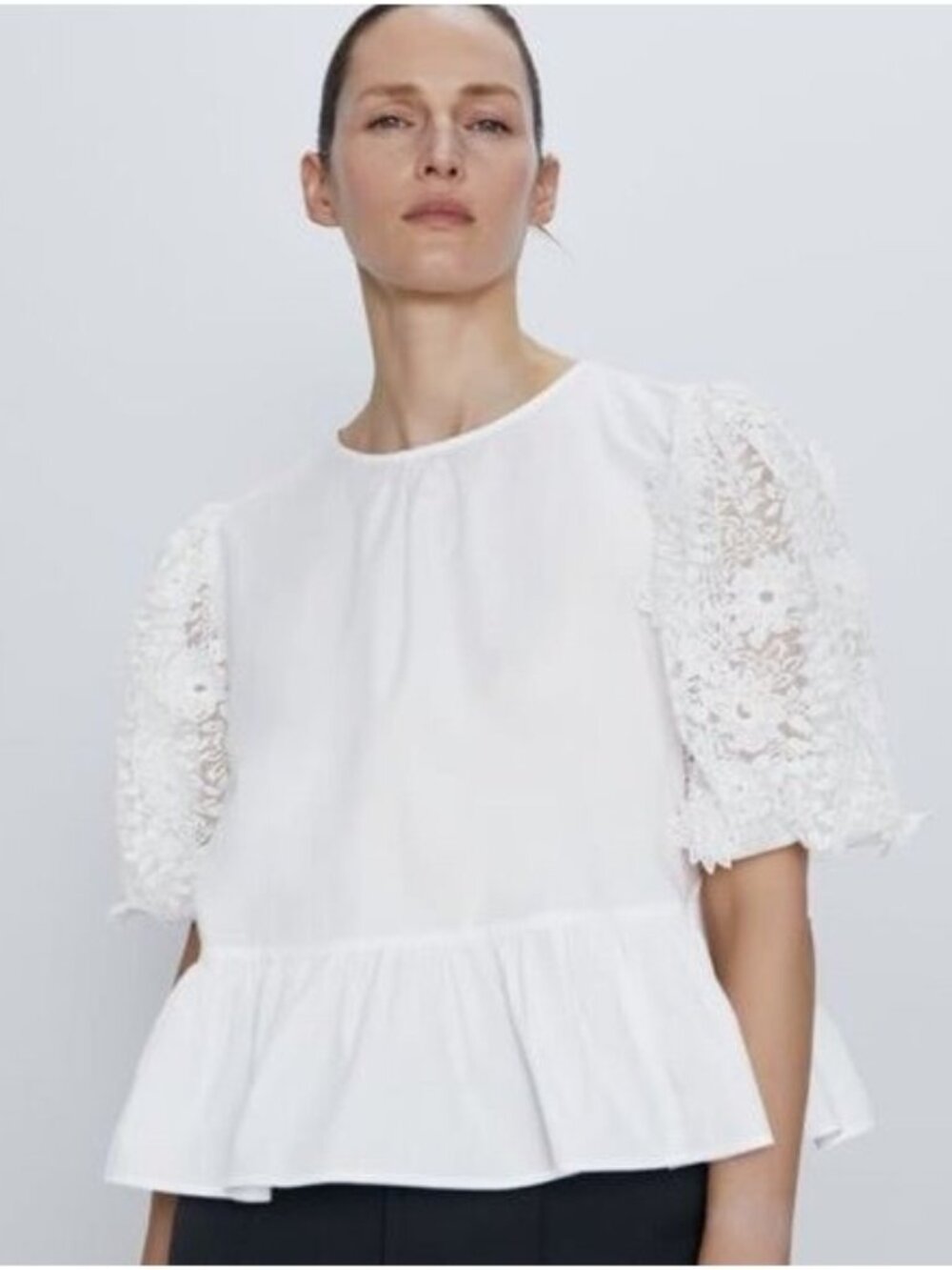 🛍 Zara Cotton Poplin Peplum Blouse w/ Contrast Puff Sleeves in White Size S